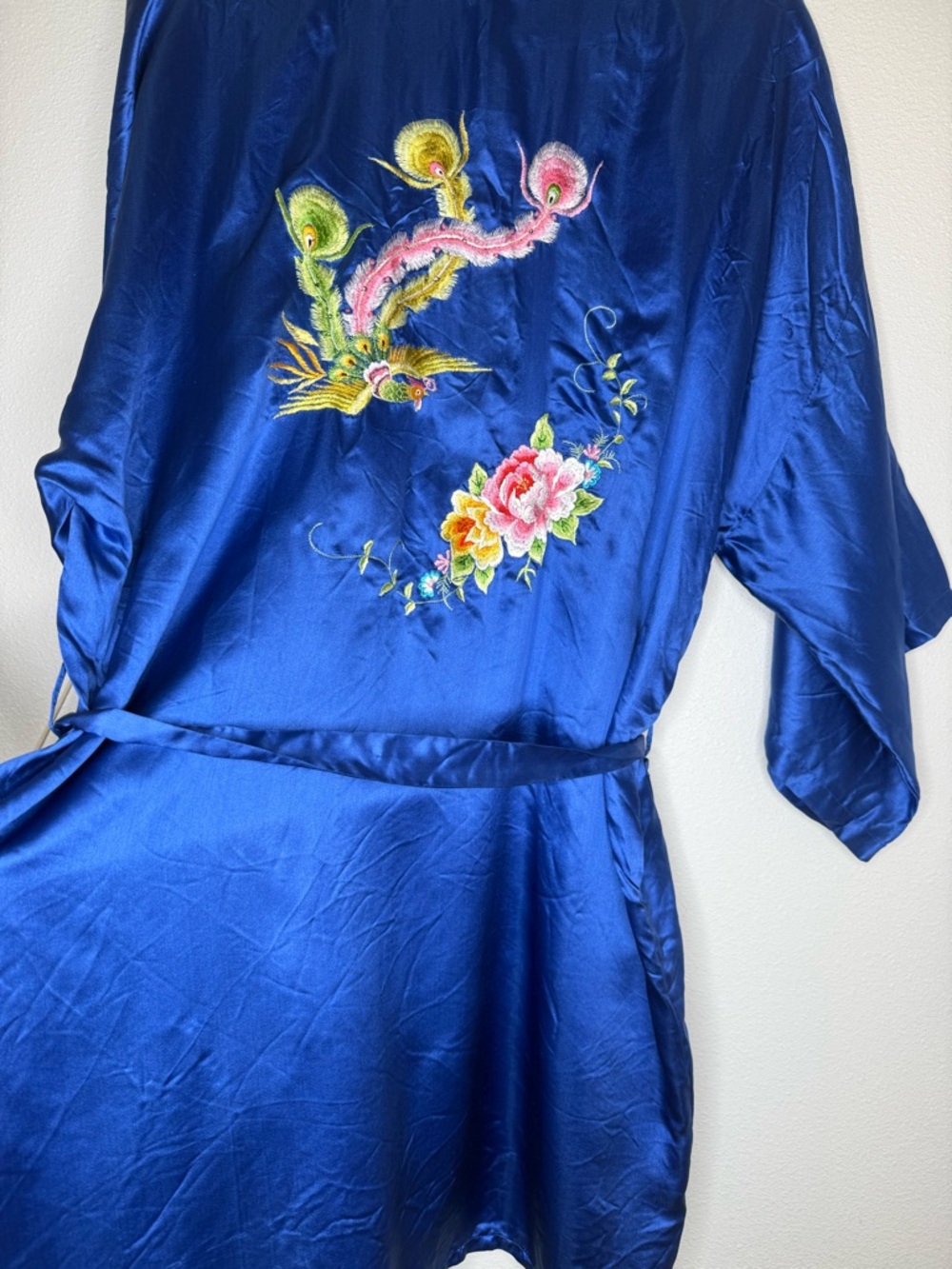 Vtg Chinese Silk Robe Royal Blue Double Peach Floral Embroidery Kimono Phoenix - Picture 11 of 11